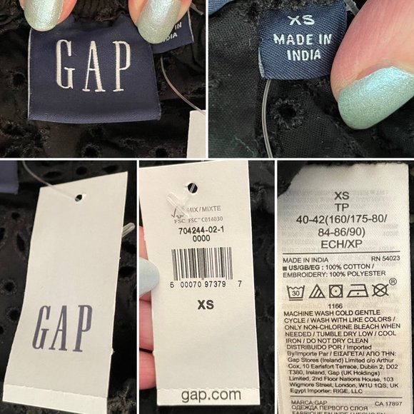 Gap Black Eyelet Cotton Blouse for Women Sz XS New 3/4 Length Sleeve - Picture 9 of 13